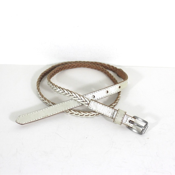 Pearlized Skinny White Silver Platinum Woven Braided Leather Belt, Narrow Silver - Picture 1 of 9